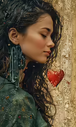 a woman with earrings and hair holding a red heart