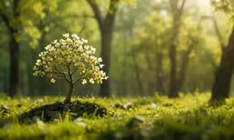 small tree blooming in field with trees and sunlight