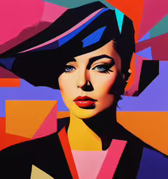 an artistic portrait painted on canvas of a woman with bright colors,a painting of a woman with a colorful hat on her head