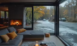 a living room with a fireplace in the corner and sofa