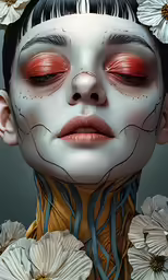 the head and neck of a woman with flowers on her
