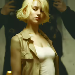 the blonde woman with her hair up is dressed in a trench