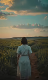 a person with a back view to them is walking along a dirt road in front of a field