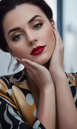 a woman with her hands on the chest, wearing a polka dot blouse