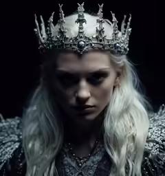 a woman in a costume that has long hair and a crown