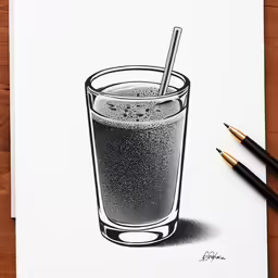 a pencil drawing of a drink sitting next to a book on a wooden table