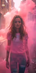 a girl in the pink smoke bomb, a photo by david lee,young woman smoking pink smoke and standing in the middle of the street