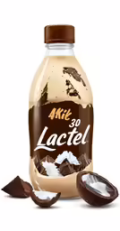 a jar of chocolate sauce next to sliced coconuts