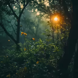 a sun shining through some trees and bushes