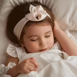 a young girl sleeping in bed with a white bow
