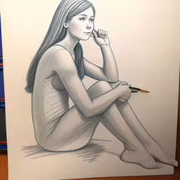 there is a drawing of a woman sitting on the ground,a drawing of a girl with her legs crossed