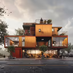 the two story building has many windows and a balconies