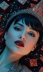 a young woman with long lashes and a sparky top looks into the distance