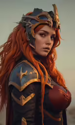 a red haired woman in armor poses for a photo