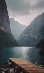 there is a pier on the lake surrounded by mountains