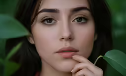 a woman with a green leaf in her hand