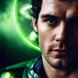a man with curly hair and a green ring on a wall