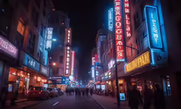 people walk down a busy city street at night