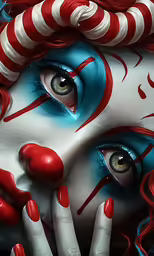 the evil clown has red and blue makeup and is holding her hands to her face