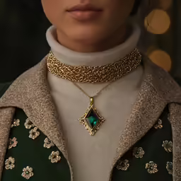 a close up of a woman wearing a very ornate necklace