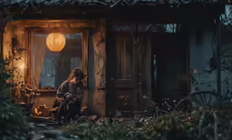 woman in front of a cabin looking out at the forest