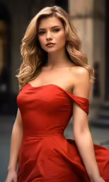 a young woman in a dress standing on the side of the road