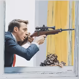 man looking out the window with a gun