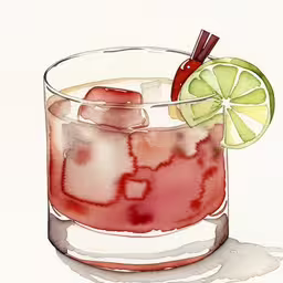 a painting of a bloody cocktail with lime slice and garnish,a painting of a drink with an apple slice in it