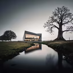 an architecture project, which includes a glass building and water reflection, as well as a tree on the other side of the pond