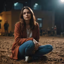 a woman is sitting down in a messy barnyard at night,a woman sitting on the ground with her legs crossed