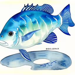 a drawing of a fish with blue colors,a watercolor illustration of a large blue fish,a fish with spots on it is depicted in watercolic,a blue fish with white fins is shown on a blue background,this is an acrylic image of a blue fish