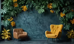 a large, green wall with a plant filled pattern and a pair of chairs