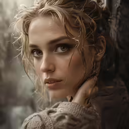 a young girl wearing earrings and a sweater
