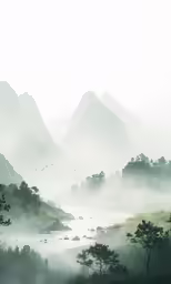 the landscape is misty and has small trees in it