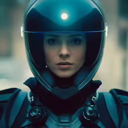 a woman dressed in futuristic wear wearing a helmet
