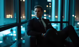 a man sitting in a chair in front of windows
