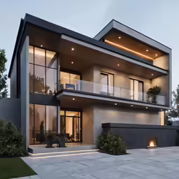 the large modern building is in dusk