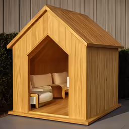 wooden house with couch in it sitting outside