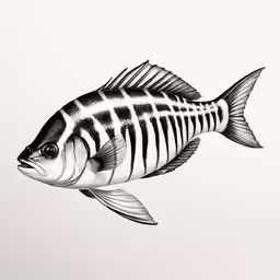a drawing of a fish with black and white stripes