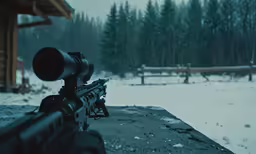 a gun with a scope sitting outside of a building