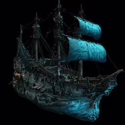 the large black ship has many blue sails