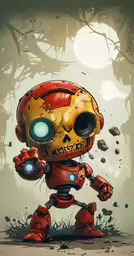 an iron man with a glowing eye is standing in front of trees
