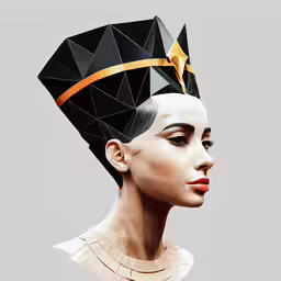 a woman wearing an unusual hat made out of paper