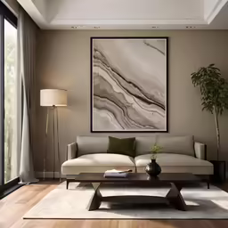 a living room with a big painting on the wall