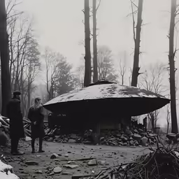 a couple standing on a trail next to a big building