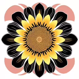 a black and yellow flower is on the white background,an abstract sunflower in black, yellow and pink