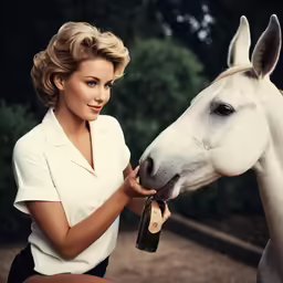 a woman sitting next to a horse that has its head in a wine bottle