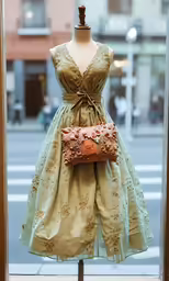 the dress is on display and has a small purse