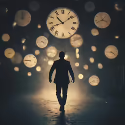 a man walks down a sidewalk in front of clocks