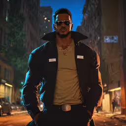 a man standing in front of a city street at night,a man wearing sunglasses and standing on a city street